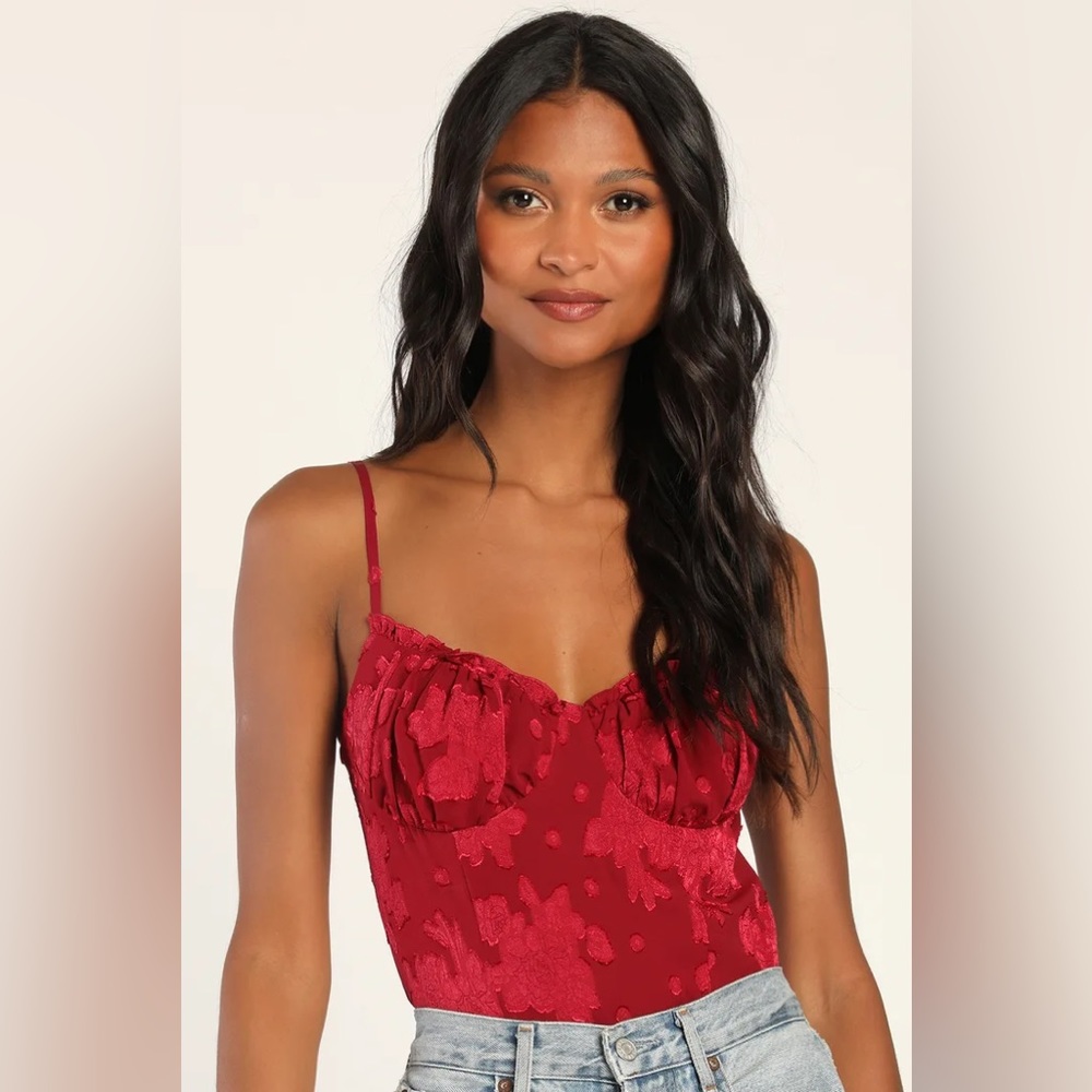 Lulus Found the Flirt Wine Red Floral Jacquard Ruffled Bodysuit